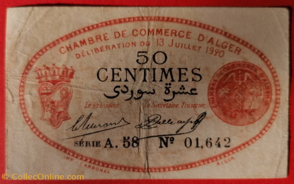 Algérie chambre de commerce d'Alger JP.137.13 50 centimes 1920 billet afrique algerie chambre de commerce alger jp 137 13 50 centimes 1920