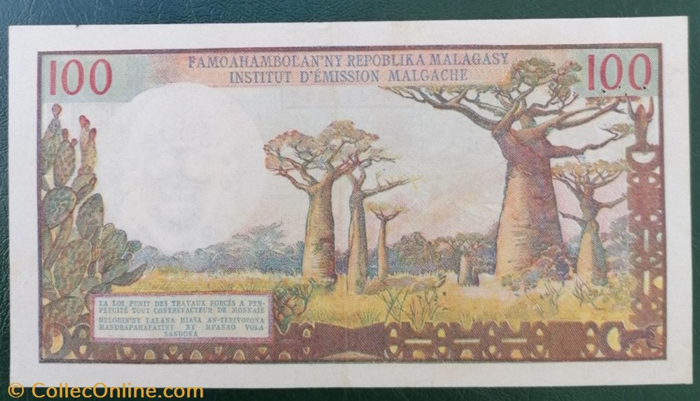 billet afrique madagascar p 057a 2 100 francs 20 ariary 1966