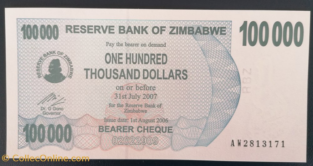 billet afrique zimbabwe p 048b 100 000 dollars 2007