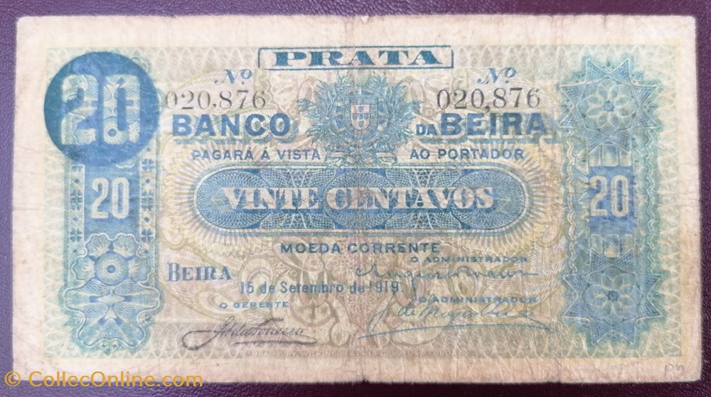 Mozambique P.R02a 20 Centavos Beira 1919 billets afrique mozambique p r02a 20 centavos beira 1919
