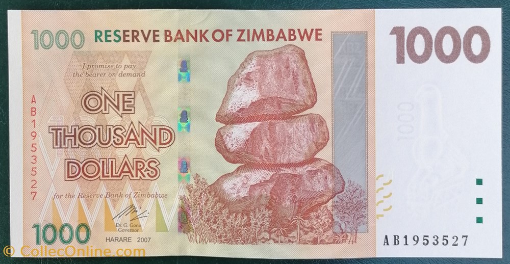 billet afrique zimbabwe p 071a 1000 dollars 2007