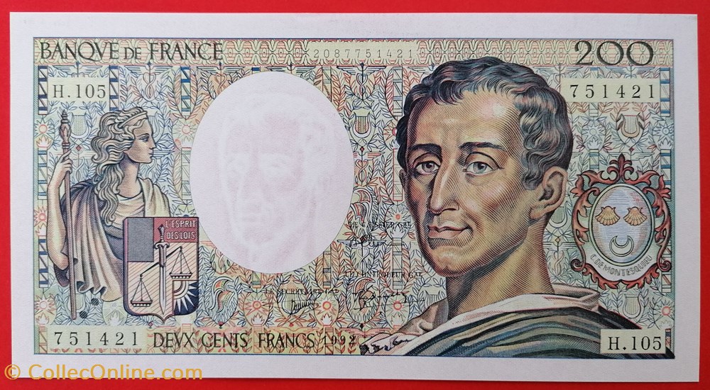 France P-155e 200 francs Montesquieu 1992 billet europe france p 155e 200 francs montesquieu 1992