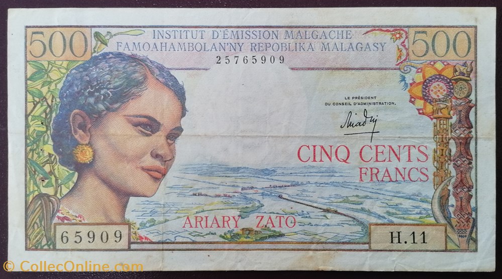 Madagascar P-058a.1 500 francs-100 ariary 1966 billet afrique madagascar p 058a 1 500 francs 100 ariary 1966