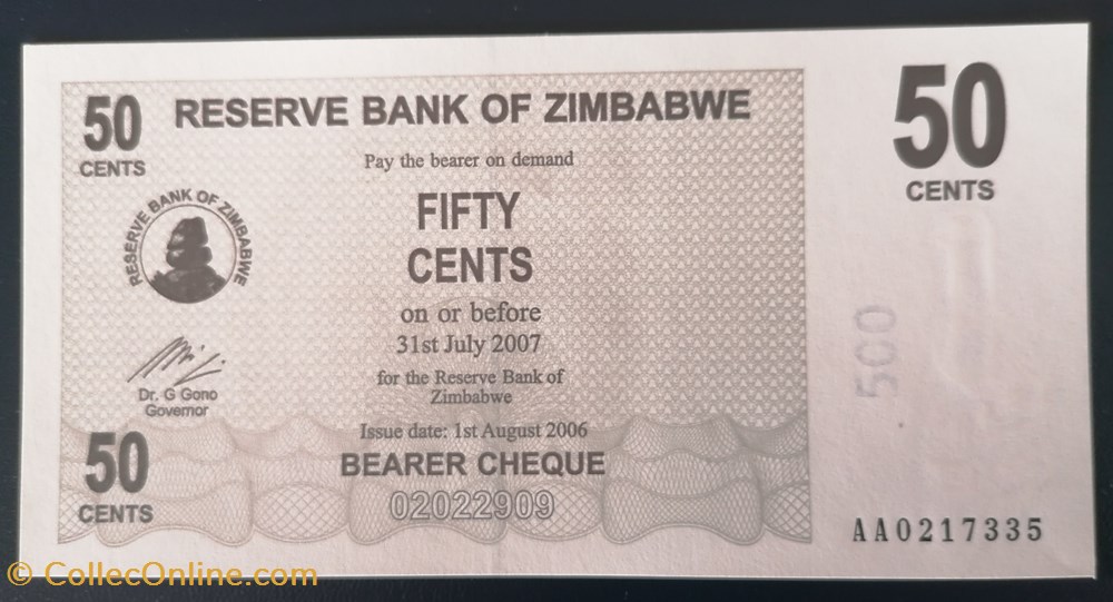 billet afrique zimbabwe p 036 50 cents 2007