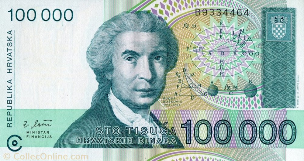 banknote europe croatium 100 000 dinara