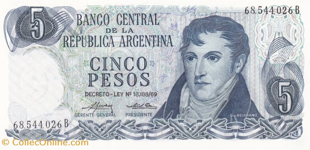 banknote south america argentina 5 pesos ley