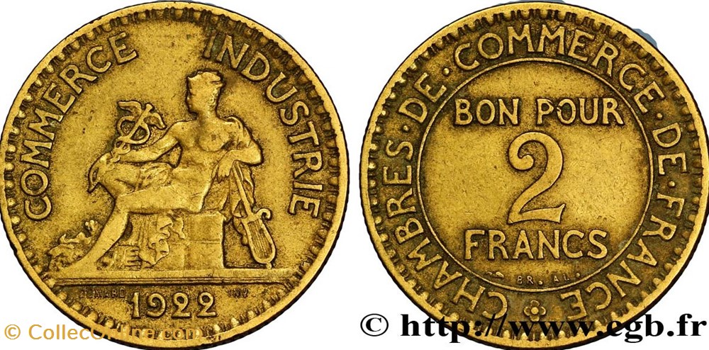 2 FRANCS 1922 CHAMBRE DE COMMERCE monnaies 2 francs 1922 chambre de commerce