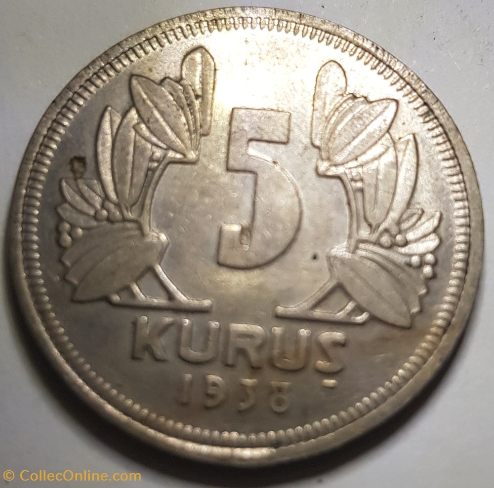 5 kuruş Turquie 1938 monnaie monde 5 kurus turquie 1938