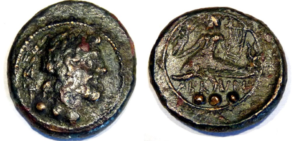 Quadrans de Brundisium en Calabre frappé entre-200 et -100 av JC. monnaies antiques romaines imperiales republicaines quadrans de brundisium en calabre frappe entre 200 et 100 av jc