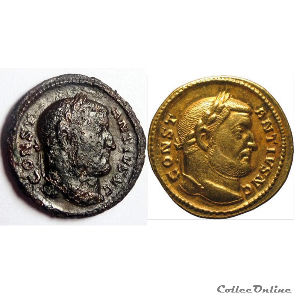 Constance Chlore/Trèves/non répertorié/HERCVLI CONSERVATORI 3 monnaies antiques romaines imperiales et republicaines constance chlore treves non repertorie hercvli conservatori