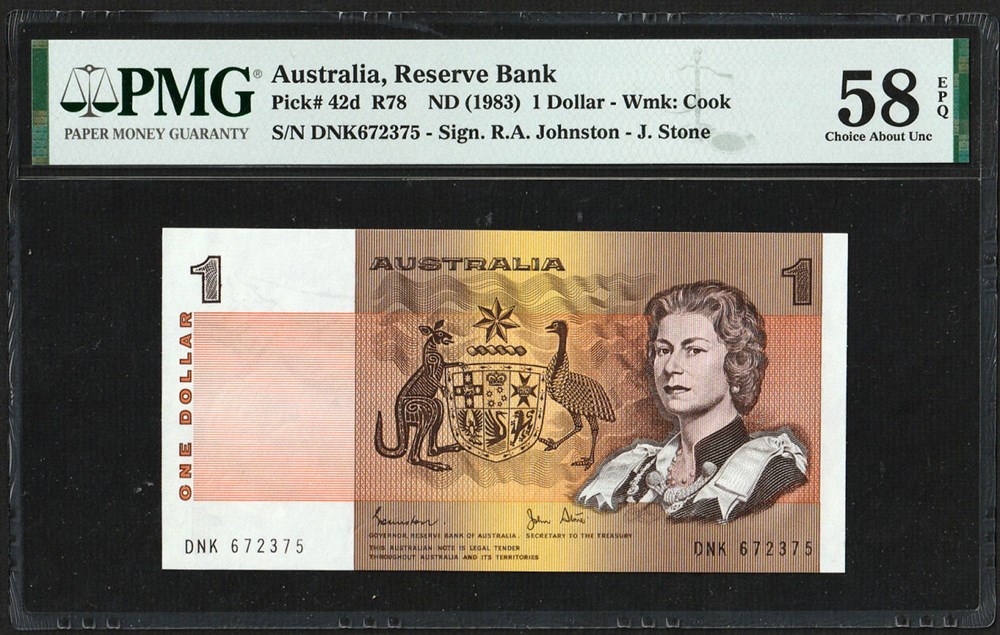 AUS-42d_1D_DNK 672375_PMG58_R billets oceanie australie aus 42d 1d dnk 672375 pmg58 r
