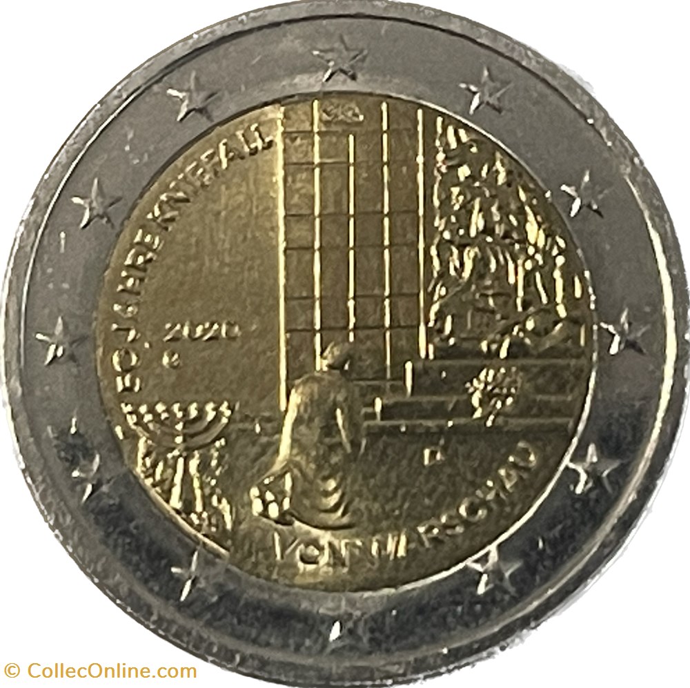 2 Euros 50e anniversaire de l'agenouillement de Willy Brandt à Varsovie 2020 G Karlsruhe monnaies allemagne 2 euros 50e anniversaire de agenouillement de willy brandt a varsovie 2020 g karlsruhe
