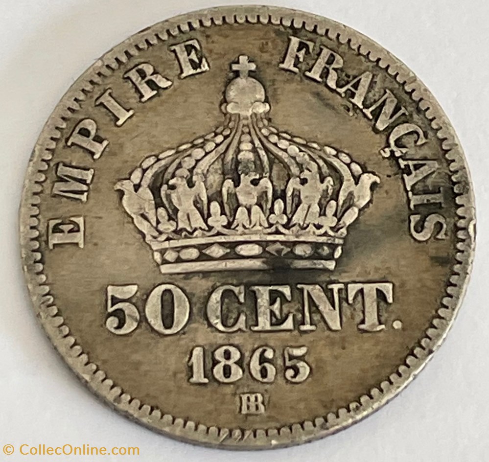 monnaies monde france 50 centimes napoleon iii tete lauree 1865 strasbourg