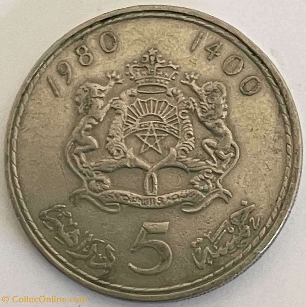 Maroc - 5 dirhams Hassan II 2ème effigie 1980 monnaies monde maroc 5 dirhams hassan ii 2eme effigie 1980