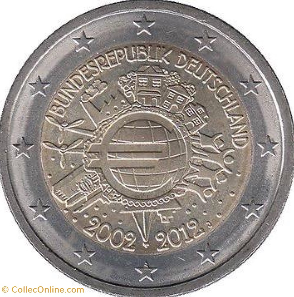 2 Euros 10e anniversaire de la mise en circulation des billets & des pièces en euro 2012 F Stuttgart monnaies allemagne 2 euros 10e anniversaire de la mise en circulation des billets des pieces en euro 2012 f stuttgart