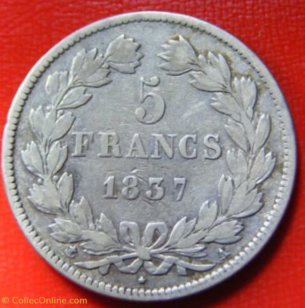 5 francs Louis-Philippe I - 2ème type (tête laurée - tranche en relief) 1837 A monnaies monde france 5 francs louis philippe i 2eme type tete lauree tranche en relief 1837 a
