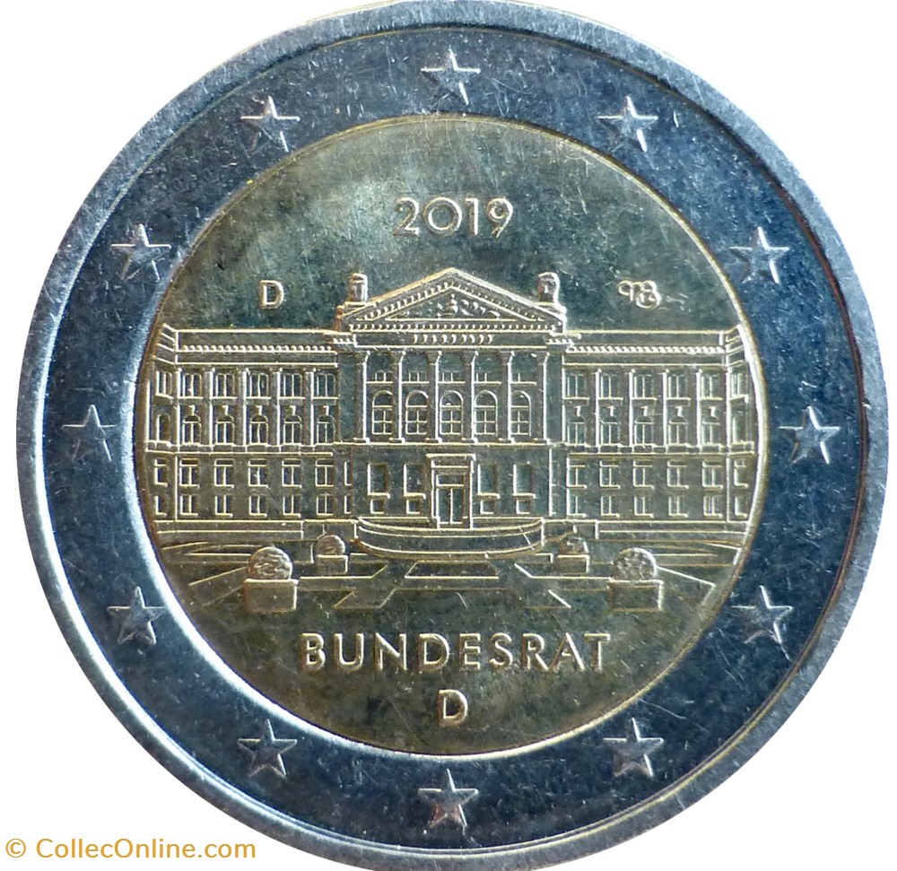 2 Euros 70e anniversaire de la fondation du Bundesrat 2019 J Hambourg monnaies allemagne 2 euros 70e anniversaire de la fondation du bundesrat 2019 j hambourg