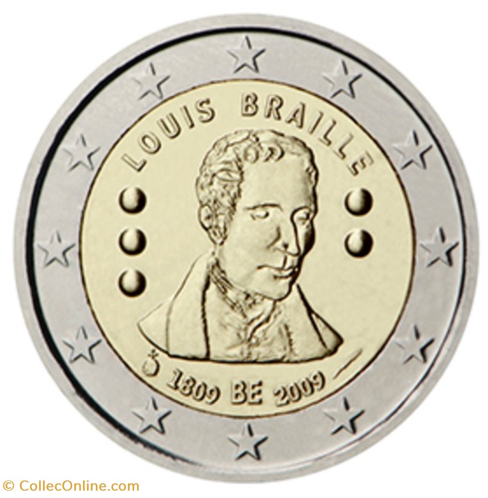 monnaies belgique 2 euros 200e anniversaire de la naissance de inventeur francais louis braille 2009