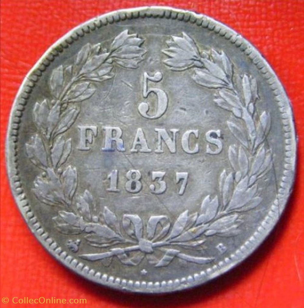 5 francs Louis-Philippe I - 2ème type (tête laurée - tranche en relief) 1837 B monnaies monde france 5 francs louis philippe i 2eme type tete lauree tranche en relief 1837 b