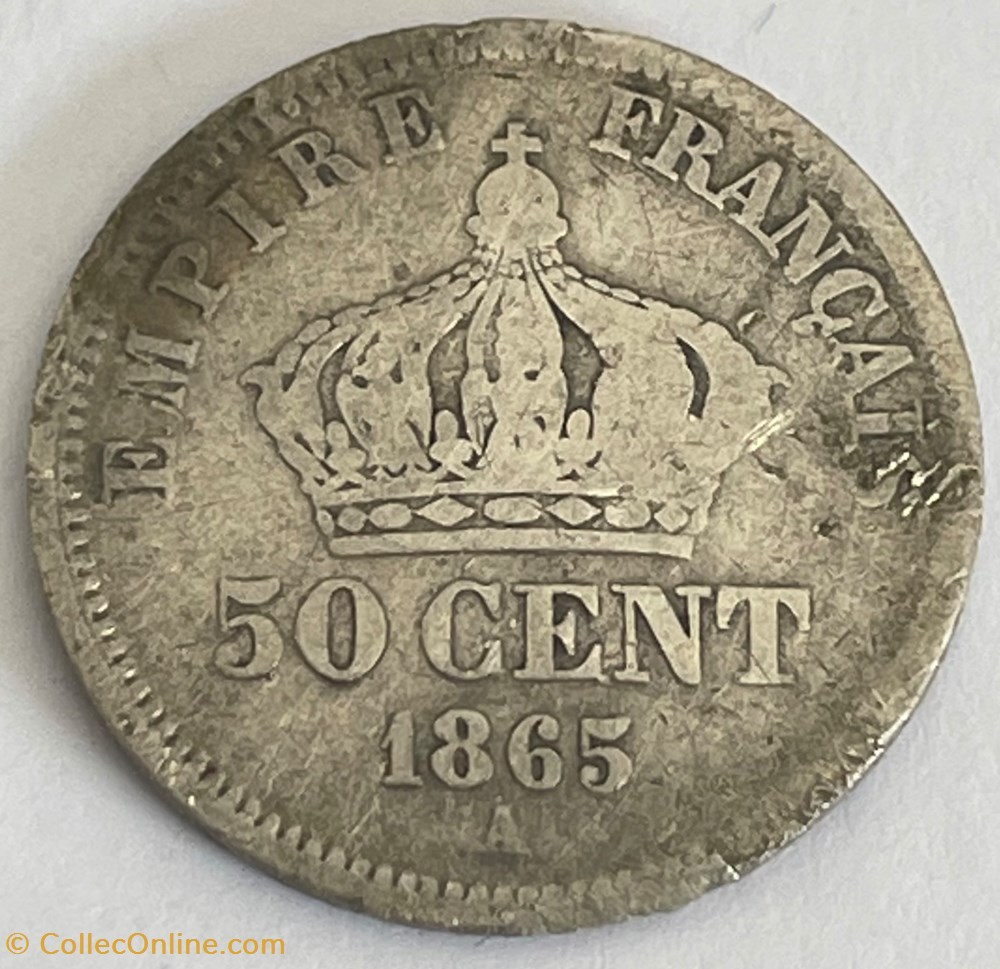 50 centimes Napoléon III, tête laurée 1865 Paris monnaies monde france 50 centimes napoleon iii tete lauree 1865 paris