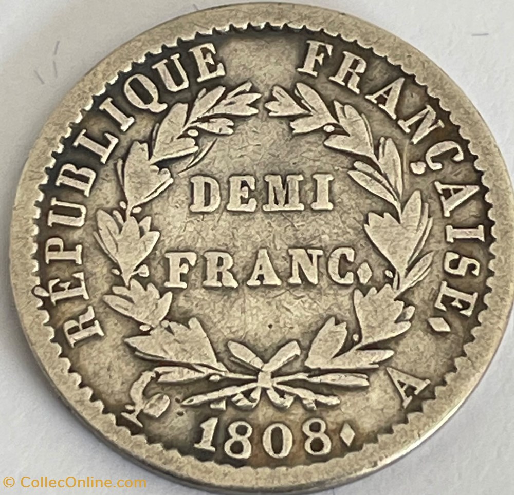 monnaies monde france demi franc napoleon ier tete lauree 1808 paris
