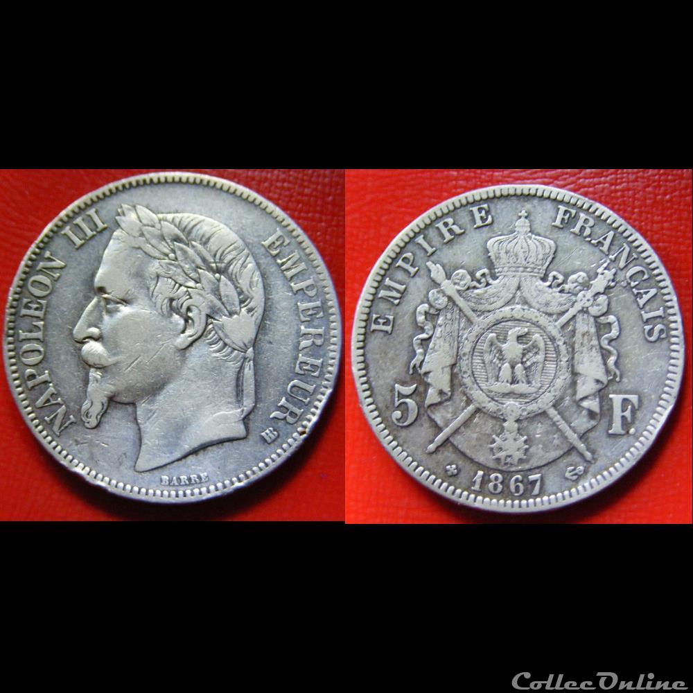 5 francs Napoléon III (tête laurée- Empire français) 1867 BB monnaies monde france 5 francs napoleon iii tete lauree empire francais 1867 bb