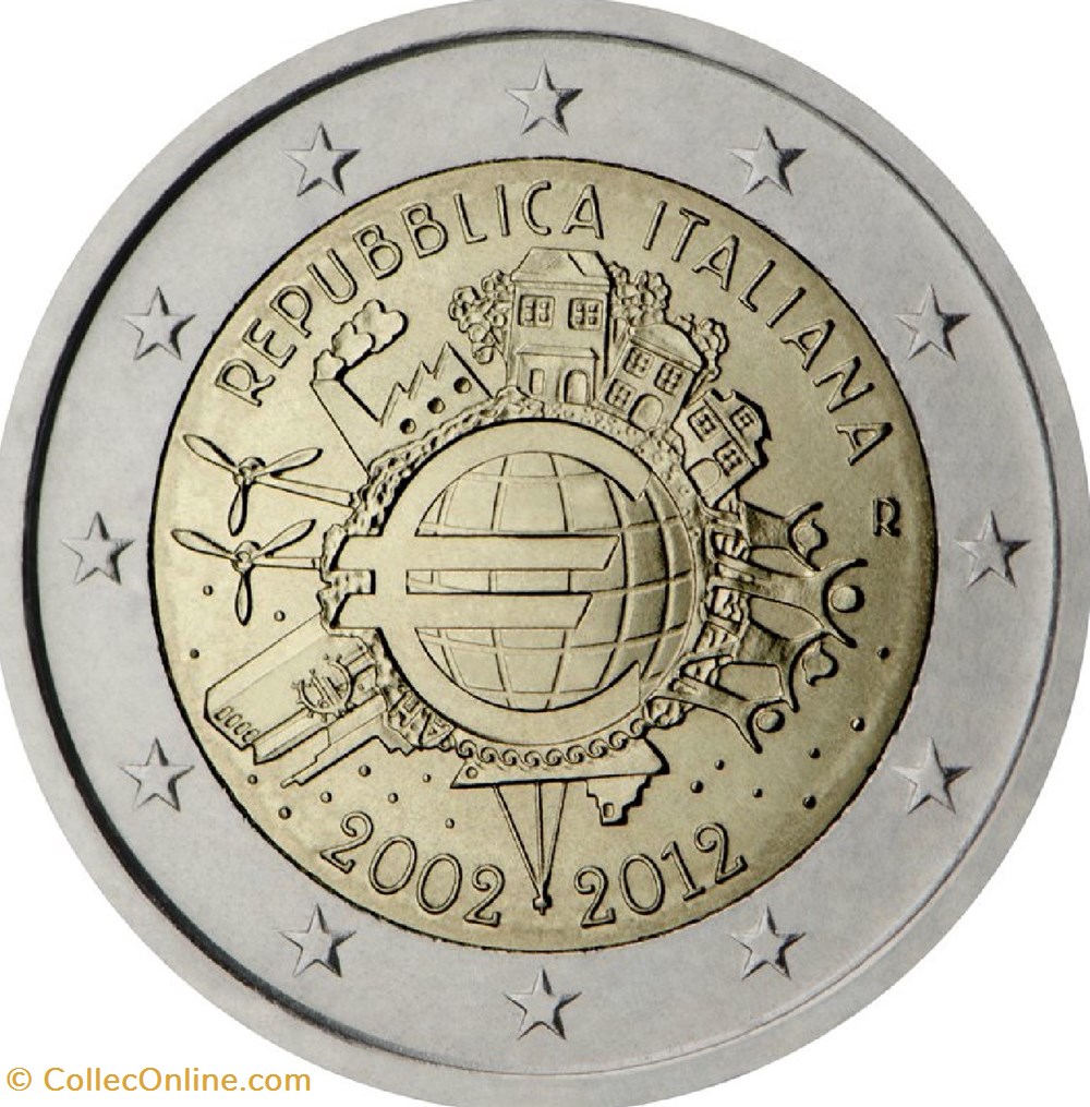 2 Euros 10e anniversaire de la mise en circulation des billets et des pièces en euro 2012 monnaies italie 2 euros 10e anniversaire de la mise en circulation des billets et des pieces en euro 2012