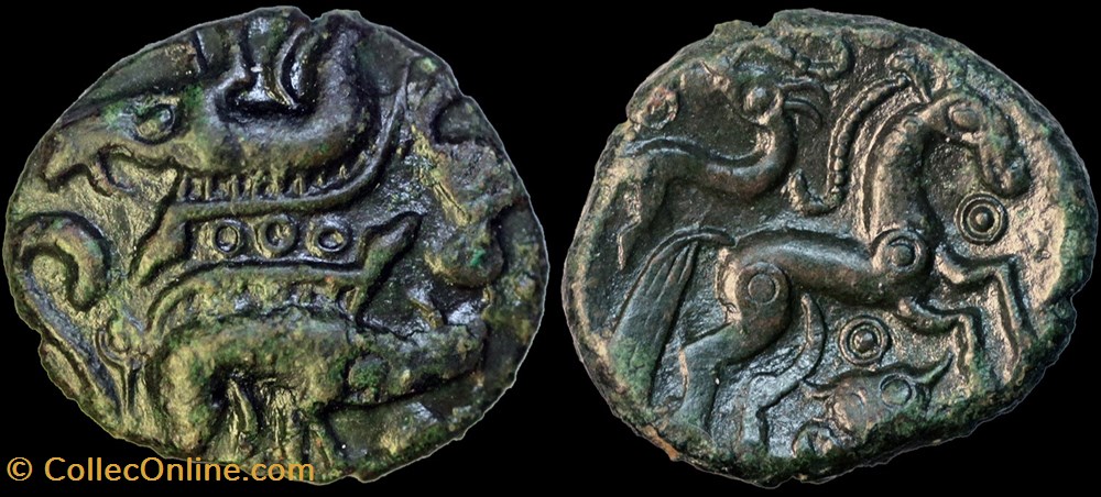 AMBIENS : Bronze aux sangliers tête-bêche monnaies antiques celtes ambiens bronze aux sangliers tete beche