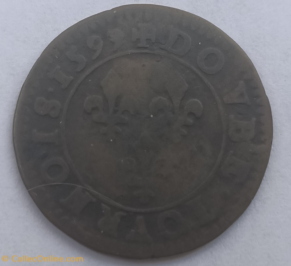 HENRI IV LE GRAND Double tournois, type 2 1599 Paris, Moulin des Étuves monnaies france royales henri iv le grand double tournois type 2 1599 paris moulin des etuves