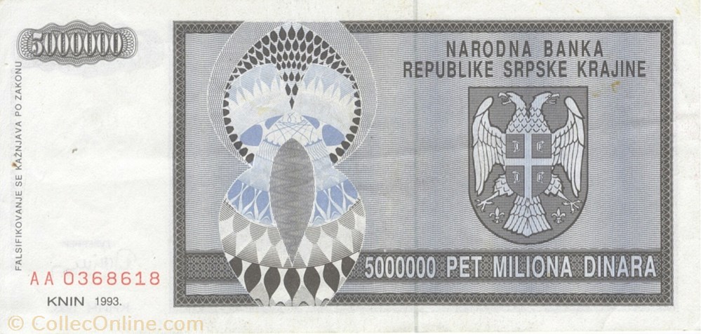 billets europe republique serbe de krajina 5 000 000 dinars