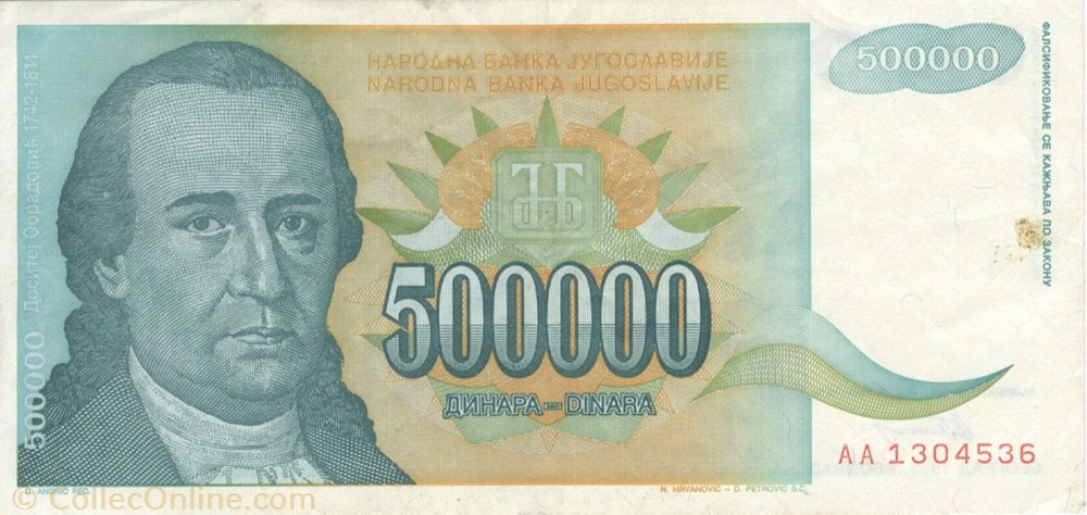 billets europe yougoslavie 500 000 dinars