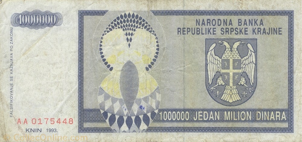 1.000.000 dinars billets europe republique serbe de krajina 1 000 000 dinars