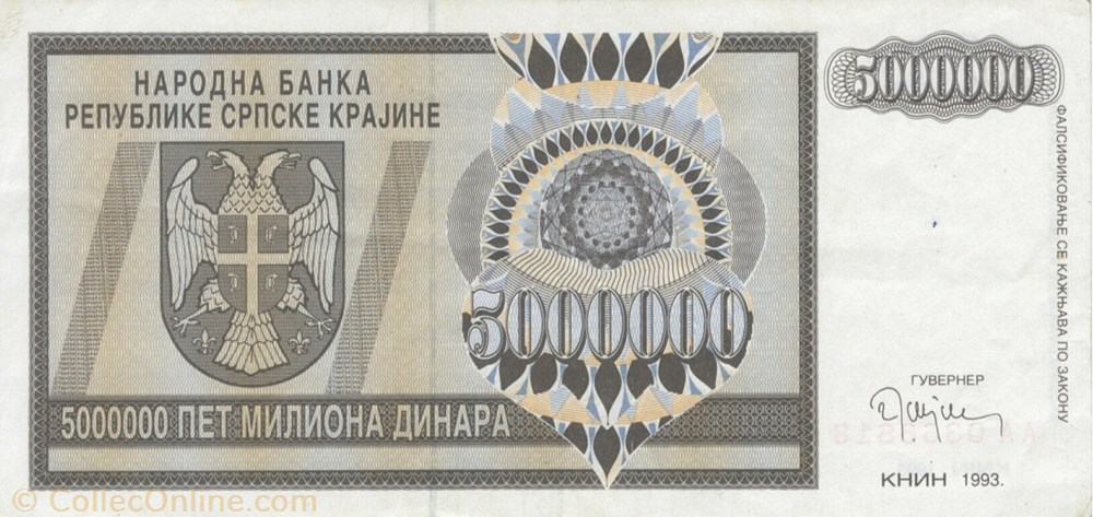 billets europe republique serbe de krajina 5 000 000 dinars