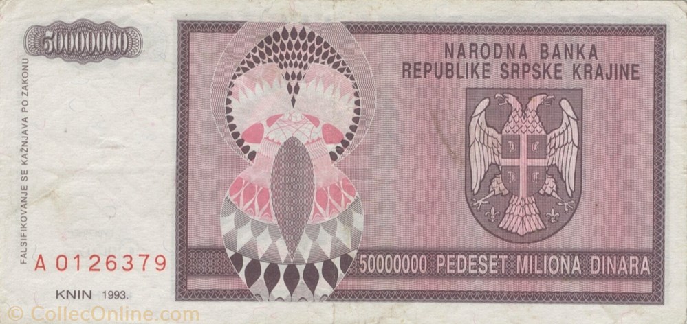 50.000.000 dinars billets europe republique serbe de krajina 50 000 000 dinars