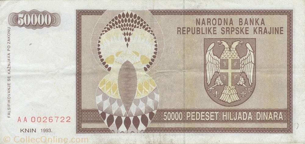 50.000 dinars billets europe republique serbe de krajina 50 000 dinars