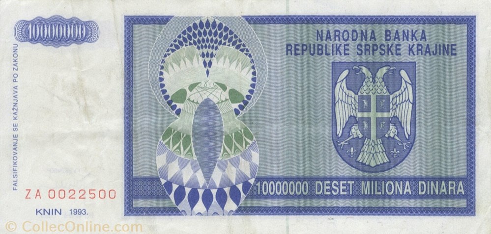 10.000.000 dinars billets europe republique serbe de krajina 10 000 000 dinars