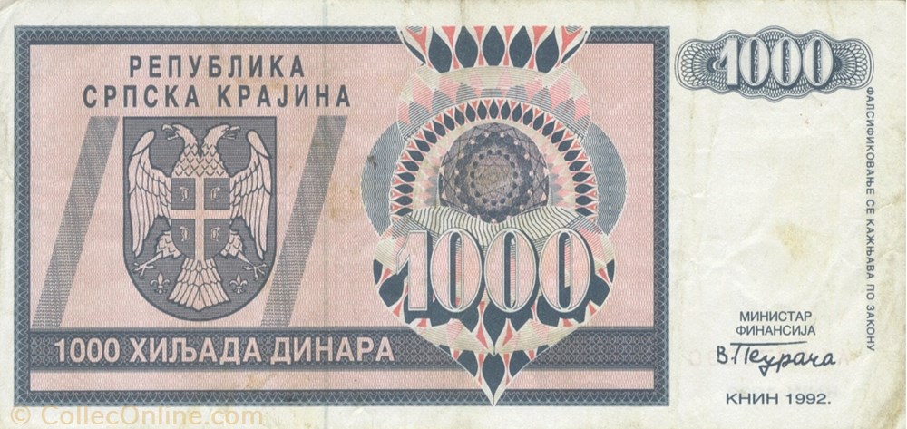 billets europe republique serbe de krajina 1 000 dinars