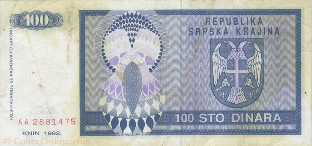 100 dinars billet europe republique serbe de krajina 100 dinars