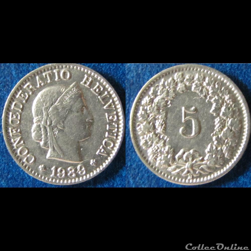 monnaie monde suisse 5 centimes tete de libertas nickel 1939 b