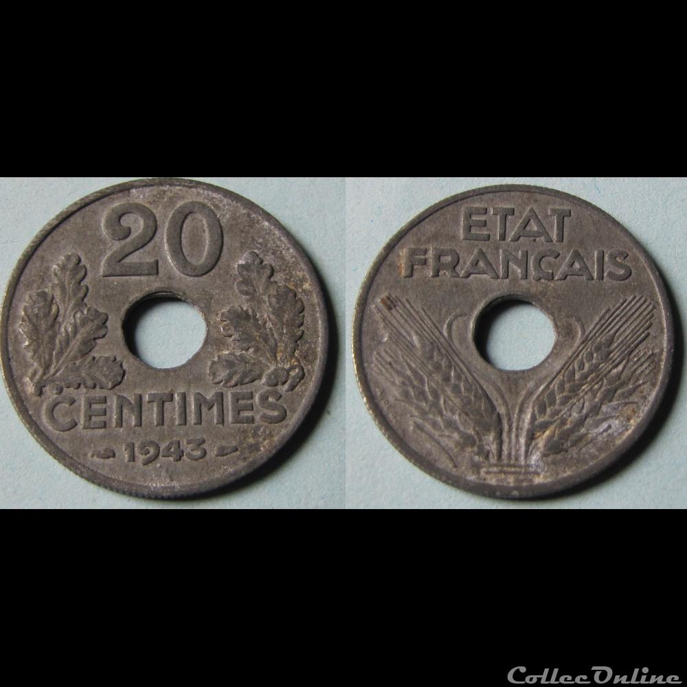 20 centimes ETAT FRANCAIS, légère 1943 monnaie france moderne 20 centimes etat francais legere 1943