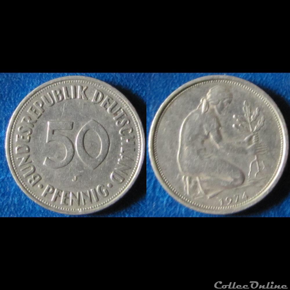 monnaie monde allemagne 50 pfennig petit j legende epaisse 1974 j