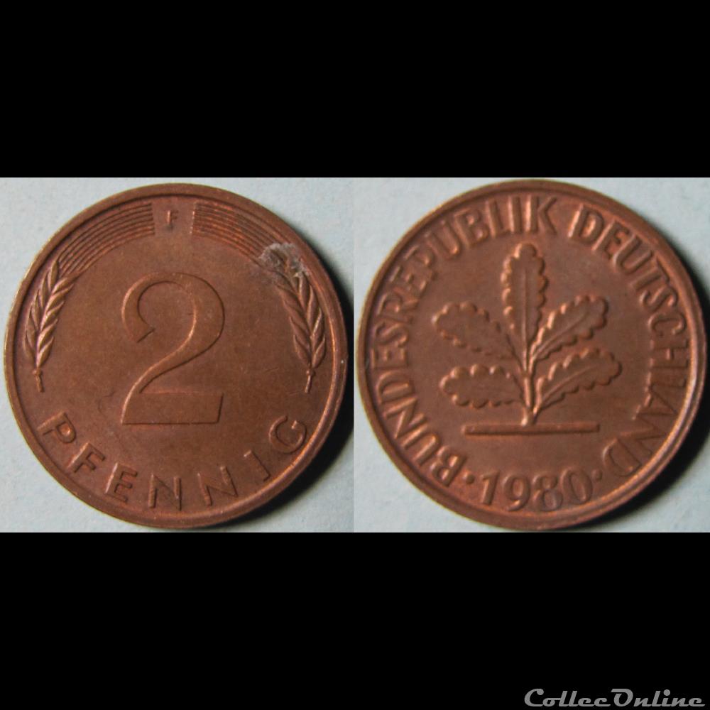 2 pfennig (acier plaqué) 1980 F monnaie monde allemagne 2 pfennig acier plaque 1980 f