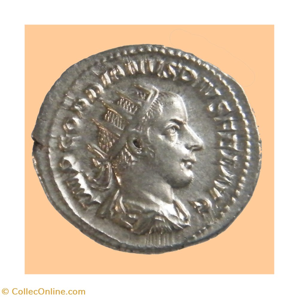 GORDIEN III. Antoninien RIC 89. P M TR P VI COS II PP. ROME 242-243 2 monnaies antiquite av jc ap romaines republicaines imperiales gordien iii antoninien ric 89 p m tr p vi cos ii pp rome 242 243