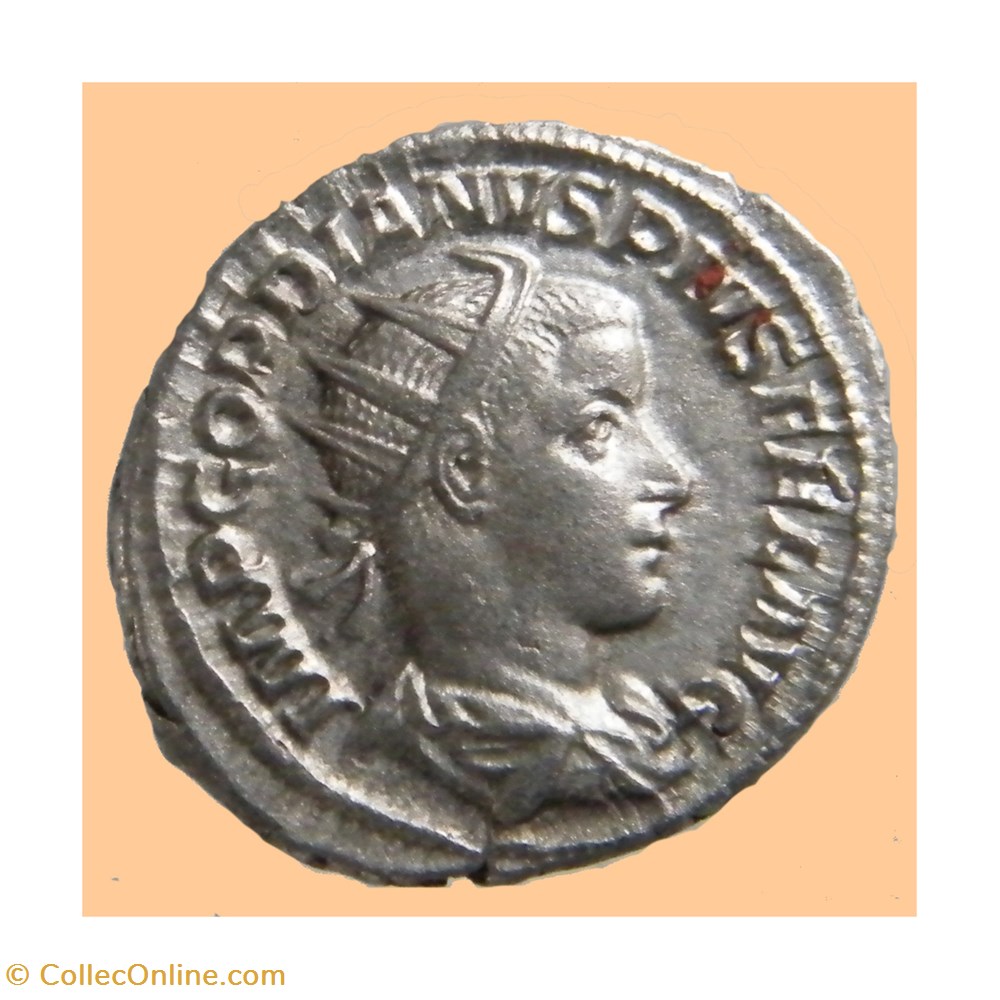 GORDIEN III. Antoninien RIC 91. P M TR P IIII COS II PP. ROME 240 2 monnaies antiquite av jc ap romaines republicaines imperiales gordien iii antoninien ric 91 p m tr p iiii cos ii pp rome 240