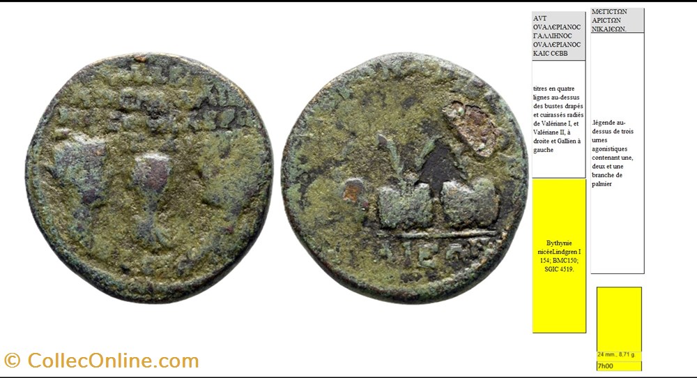 PROVINCIALE GALLIEN BYTHYNIE NICEE MЄΓICTΩN APICTΩN NIKAIЄΩN AVT OVAΛЄPIANOC ΓAΛΛIHNOC OVAΛЄPIANOC K monnaies antiques romaines provinciales provinciale gallien bythynie nicee m ict n apict n nikai n avt ova pianoc a ihnoc ova pianoc k