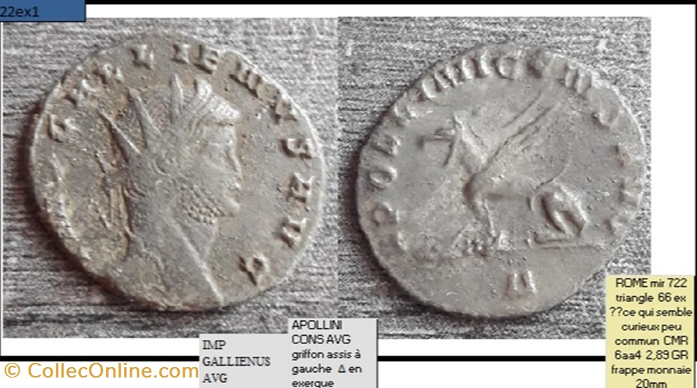 ROME GALLIEN APOLLINI CONS AVG griffon assis à gauche Δ en exergue IMP GALLIENUS AVG monnaies antiques romaines imperiales et republicaines rome gallien apollini cons avg griffon assis a gauche en exergue imp gallienus avg