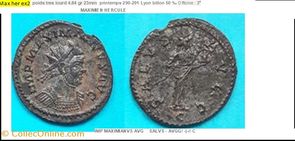 LYON MAXIMIEN HERCULE SALVS AVGG C EN EXERGUE IMP MAXIMIANVS AVG monnaies antiques romaines imperiales et republicaines lyon maximien hercule salvs avgg c en exergue imp maximianvs avg