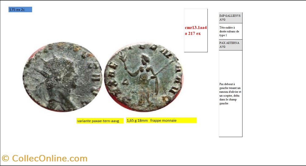 ROME GALLIEN PAX AETERNA AVG delta champ gauche IMP GALLIENUS AVG monnaies antiques romaines imperiales republicaines rome gallien pax aeterna avg delta champ gauche imp gallienus avg