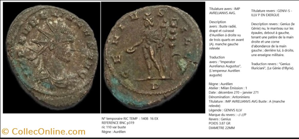 monnaies antiques romaines imperiales et republicaines milan aurelien genius illv imp aurelianus avg