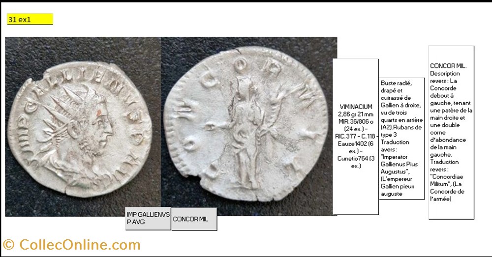 monnaies antiques romaines imperiales et republicaines viminacium gallien concor mil imp gallienvs p avg